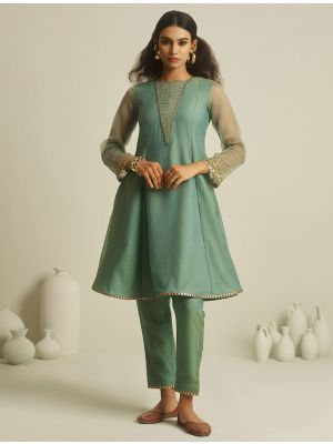 pastel green tissue kurta bottom set with hand work fabku21164