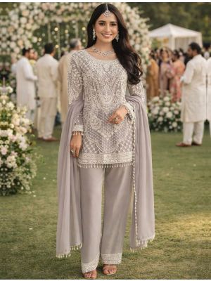 Pastel Grey Premium Georgette Ready To Wear Pakistani Suit FABSL22427