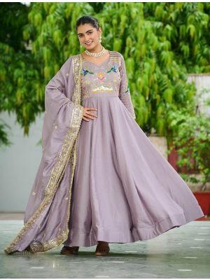 pastel lilac vichitra silk flared gown with dupatta fabgo20412