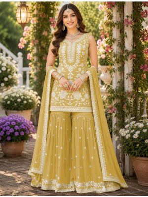 Pastel Mustard Chiffon Free Size Ready To Wear Sharara Suit small FABSL22539