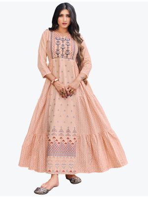 pastel peach cambric cotton designer long frock fabku20535
