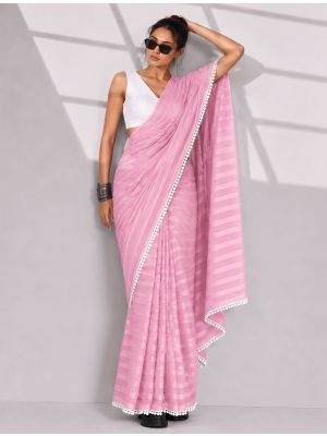 Pastel Pink Chiffon Ready-To-Wear Saree With Unstitched Blouse