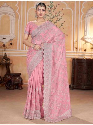 Pastel Pink Crunchy Crepe Embroidered Saree