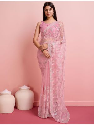 Pastel Pink Soft Net Party Wear Saree With Sequins