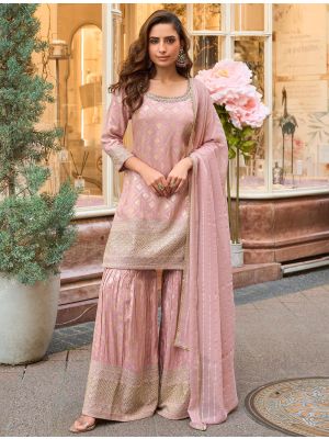 Pastel Pink Viscose Free Size Ready To Wear Sharara Suit small FABSL22392