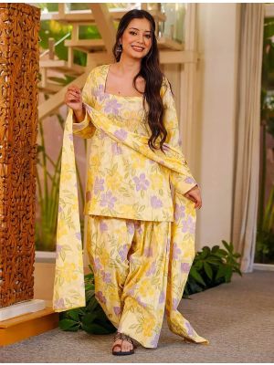 Pastel Yellow Cambric Cotton Ready To Wear Salwar Kameez FABSL22478