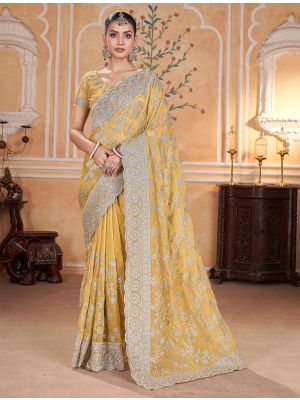 Pastel Yellow Crunchy Crepe Embroidered Saree FABSA22616