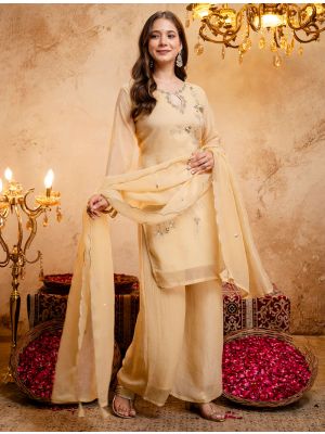 Pastel Yellow Crunchy Silk Embroidered Ready To Wear Salwar Kameez swatch FABSL22572