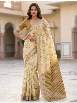 Pastel Yellow Linen Silk Floral Print Saree
