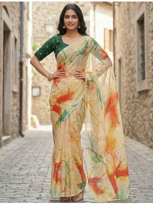 Pastel Yellow Organza Digital Print Saree With Embroidered Blouse Piece