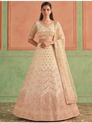 Pastel Yellow Organza Embroidered Lehenga Choli With Foil Mirror Work small FABLE20632