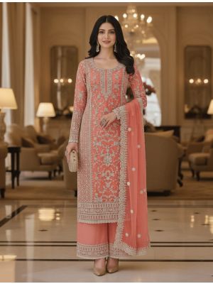 Peach Butterfly Net Semi Stitched Salwar Kameez small FABSL22512