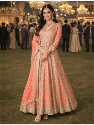 Peach Chinon Premium Ready To Wear Anarkali Dress small FABSL22439