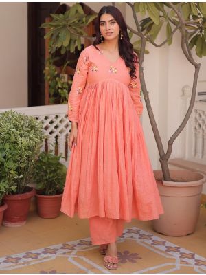 peach cotton embroidered kurta pant set fabku21197