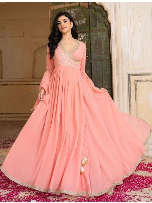 peach georgette contemporary gown with dupatta fabgo20426
