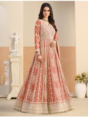 Peach Georgette Semi Stitched Embroidered Anarkali Suit small FABSL22445