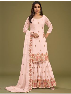 Peach Georgette Semi Stitched Embroidered Sharara Suit small FABSL21680