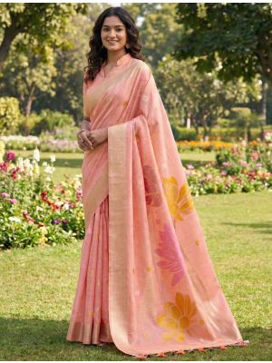Peach Linen Cotton Elegant Festive Saree