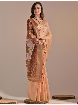 Peach Muga Cotton Traditional Pattern Saree