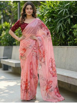 Peach Pink Organza Digital Print Saree With Embroidered Blouse Piece