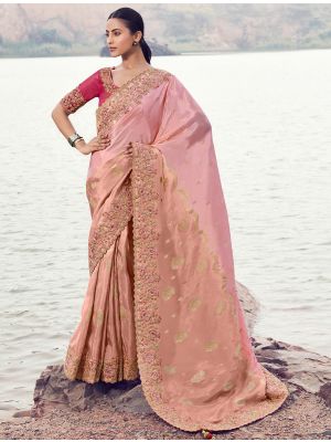 Peach Pink Organza Silk Embroidered Designer Saree