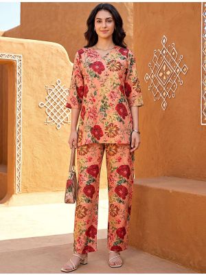 peach rayon blend digital printed co ord set fabku21306