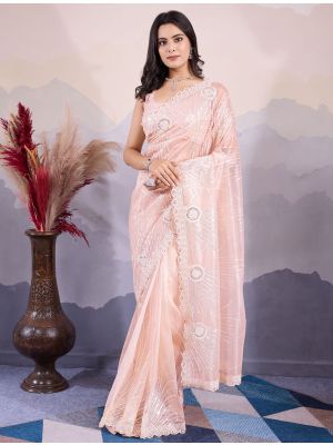 Peach Twill Net Stylish Party Wear Saree