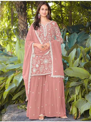 Peachy Pink Georgette Embroidered Ready To Wear Sharara Suit FABSL22343