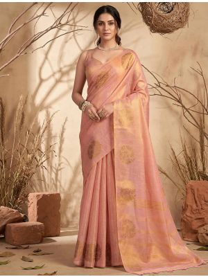 Peachy Pink Tissue Silk Saree With Gold Zari Woven Motifs