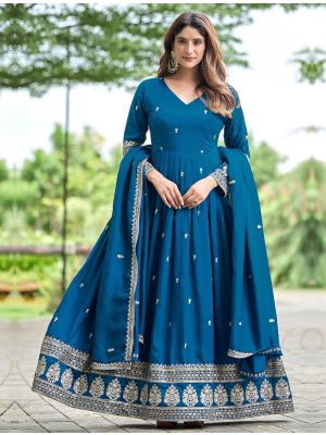peacock blue art silk embroidered anarkali gown with dupatta fabgo20458