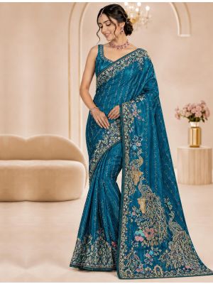 Peacock Blue Satin Saree With Multicolour Motifs & Swarovski Work