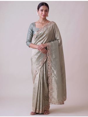 Pearl Grey Banarasi Silk Embroidered Saree