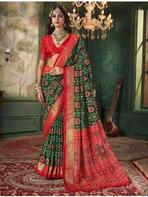 Pine Green Tussar Silk Elegant Saree With Ikat Print