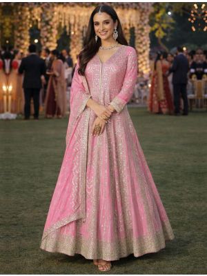Pink Chinon Premium Ready To Wear Anarkali Dress small FABSL22438