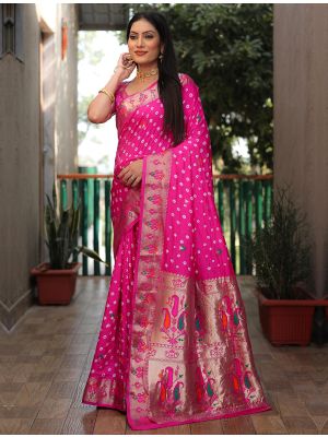 Pink Dola Silk Bandhej Printed Saree With Zari Work