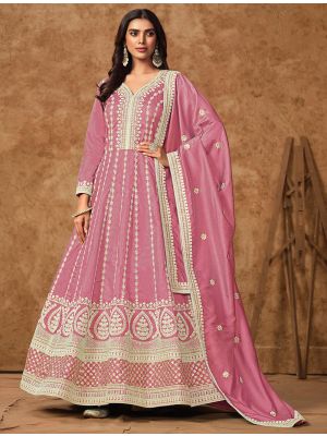 Pink Dola Silk Semi Stitched Elegant Anarkali Suit small FABSL22110