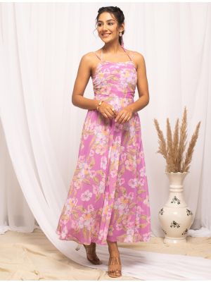 pink georgette casual wear printed midi dress fabku20948