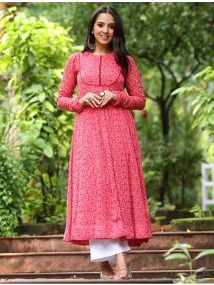 pink georgette printed anarkali kurta fabku21057