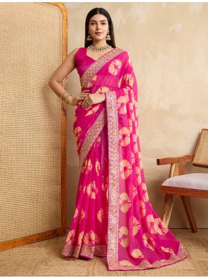 Pink Georgette Printed Saree With Lace Border