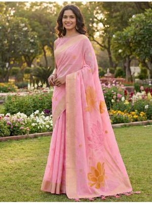 Pink Linen Cotton Elegant Festive Saree