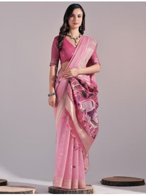 Pink Muga Cotton Traditional Pattern Saree