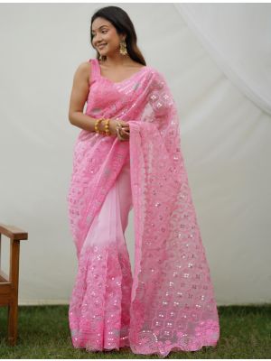 Pink Organza Party Wear Saree With Thread And Sequins