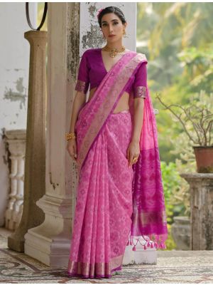 Pink Raw Silk Blend Saree With Ikat Weaving