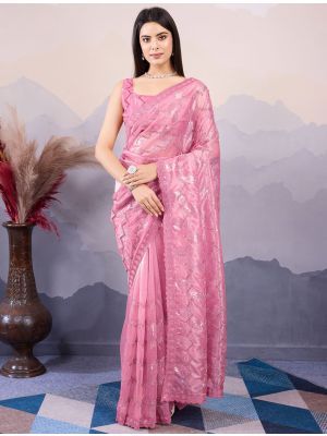 Pink Twill Net Stylish Party Wear Saree