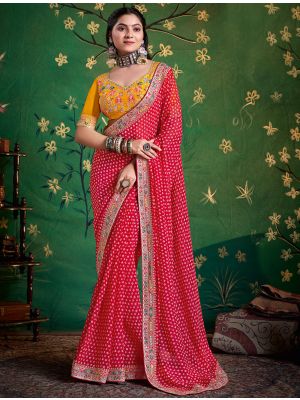 Pinkish Red Georgette Printed Saree With Embroidery