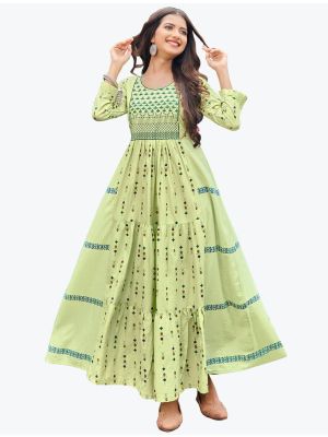 pista green cambric cotton designer long frock fabku20534