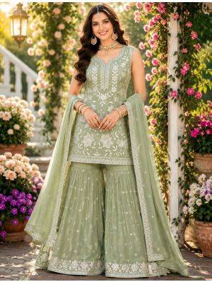 Pista Green Chiffon Free Size Ready To Wear Sharara Suit small FABSL22538