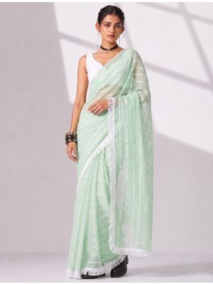 Pista Green Chiffon Ready-To-Wear Saree With Unstitched Blouse