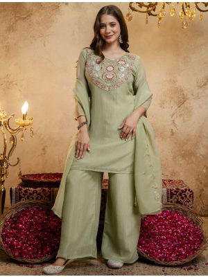 Pista Green Crunchy Silk Embroidered Ready To Wear Salwar Kameez swatch FABSL22580