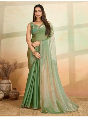 Pista Green Frendy Satin Saree With Bead Embroidery